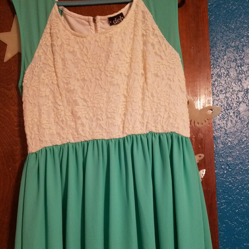 White lace and Teal colorblock dress with zipper